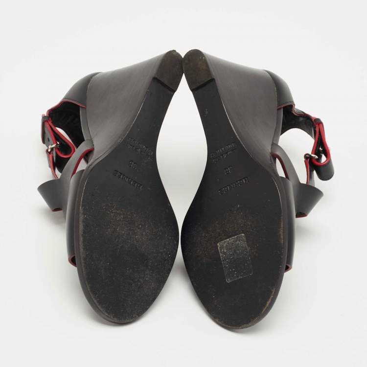 Pre Owned Hermes Black Leather Mona Wedge Sandals Size 38
