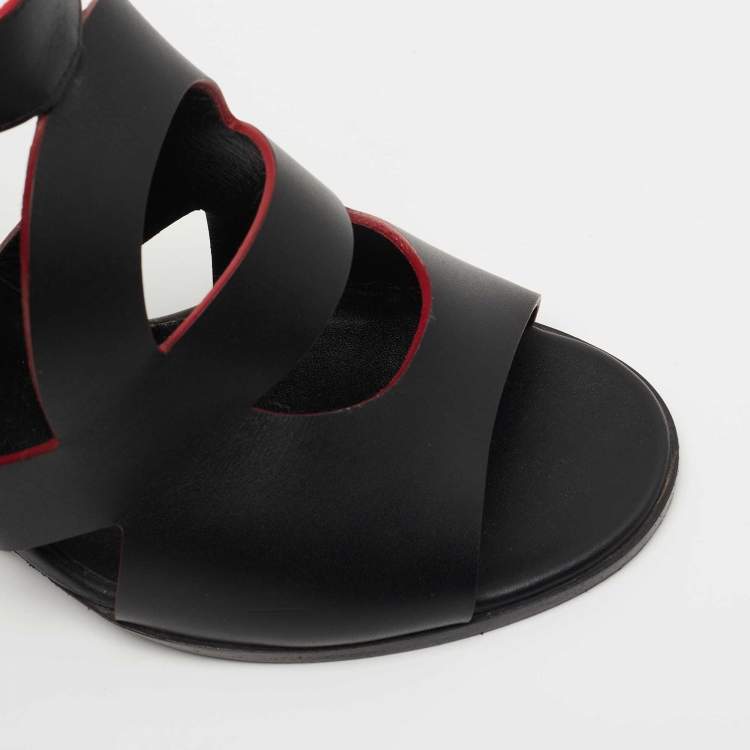 Pre Owned Hermes Black Leather Mona Wedge Sandals Size 38