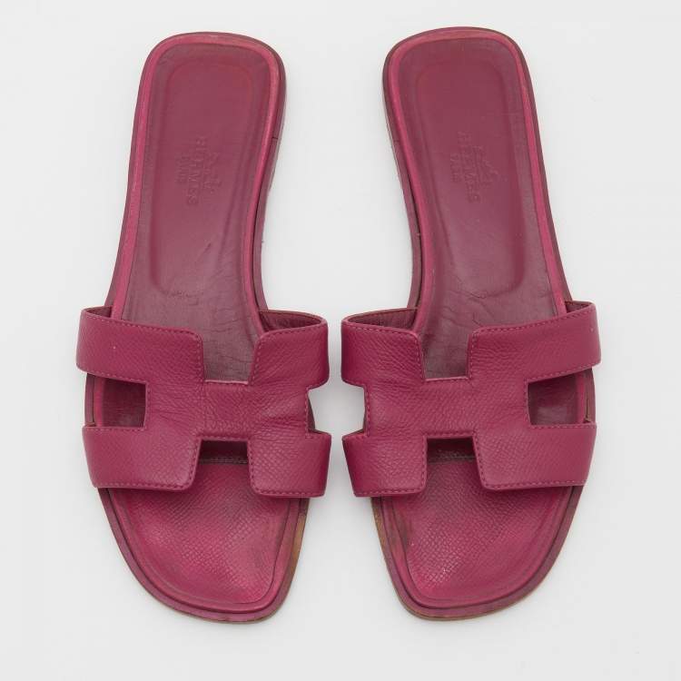 Pre Owned Hermes Pink Leather Oran Flat Slides Size 36.5