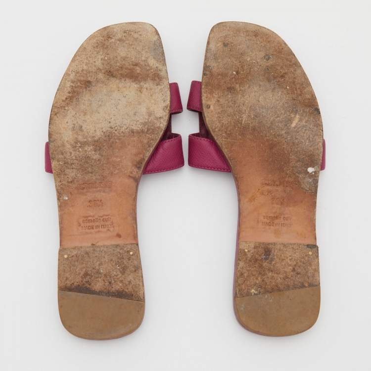Pre Owned Hermes Pink Leather Oran Flat Slides Size 36.5