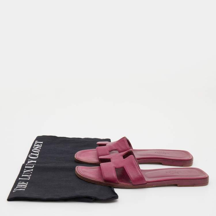 Pre Owned Hermes Pink Leather Oran Flat Slides Size 36.5