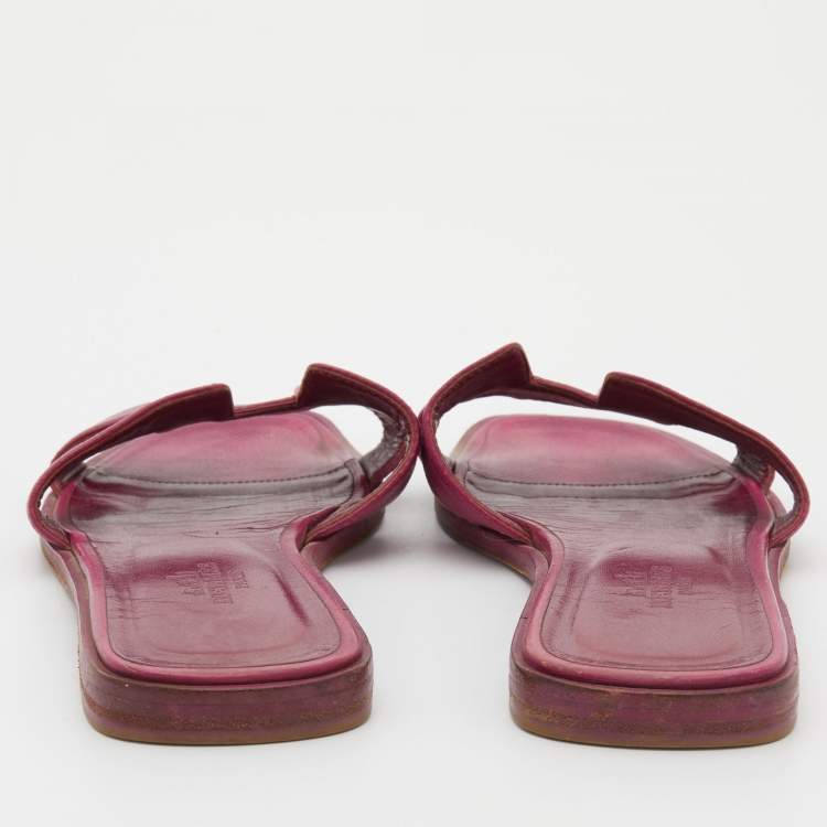 Pre Owned Hermes Pink Leather Oran Flat Slides Size 36.5