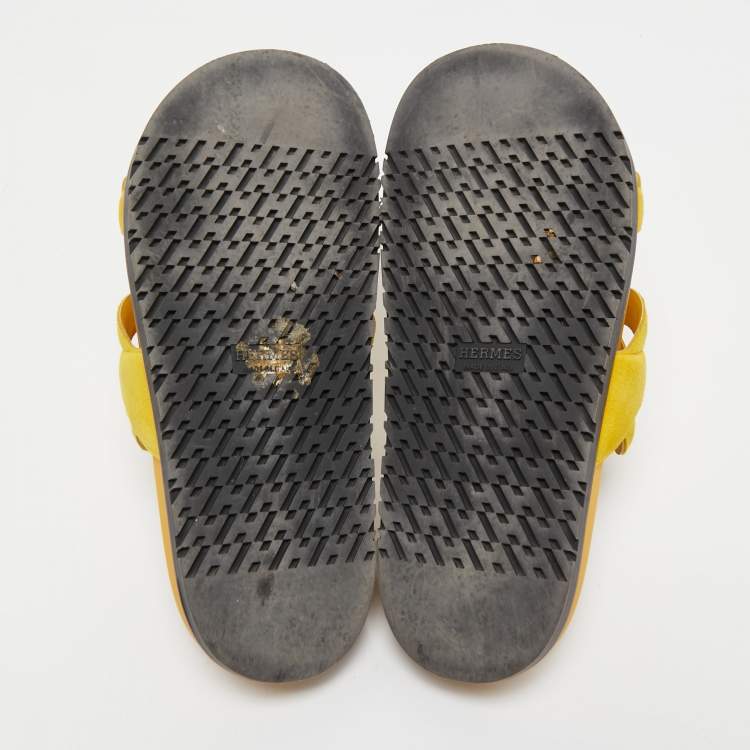 Pre Owned Hermes Yellow Suede Extra Slide Flats Size 38  