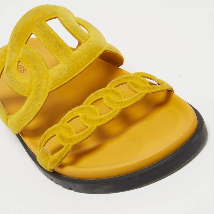 Pre Owned Hermes Yellow Suede Extra Slide Flats Size 38  