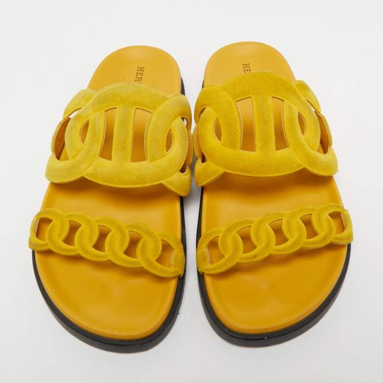 Pre Owned Hermes Yellow Suede Extra Slide Flats Size 38  