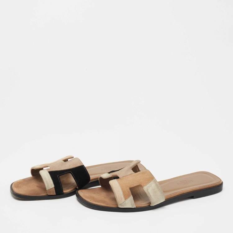 Pre Owned Hermes Multicolor Suede Oran Flat Slides Size 37