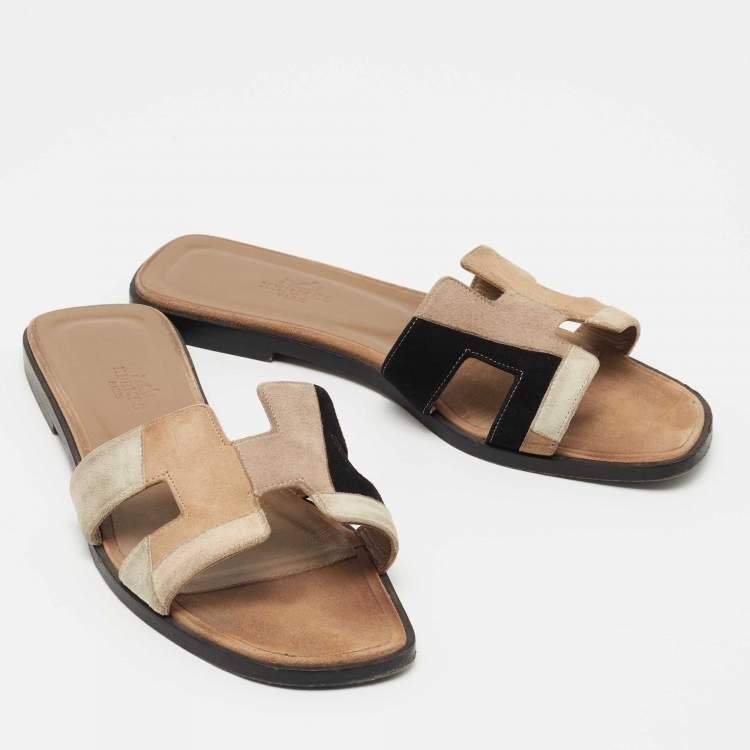 Pre Owned Hermes Multicolor Suede Oran Flat Slides Size 37