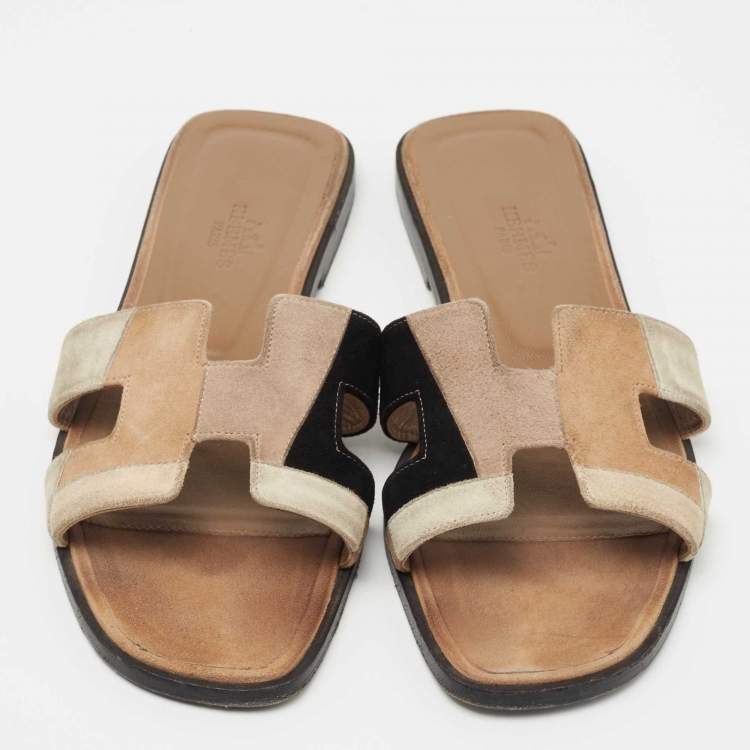Pre Owned Hermes Multicolor Suede Oran Flat Slides Size 37