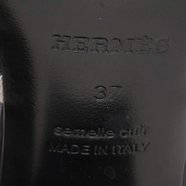 Pre Owned Hermes Black/Silver Leather Ajaccio Block Heel Slide Sandals Size 37