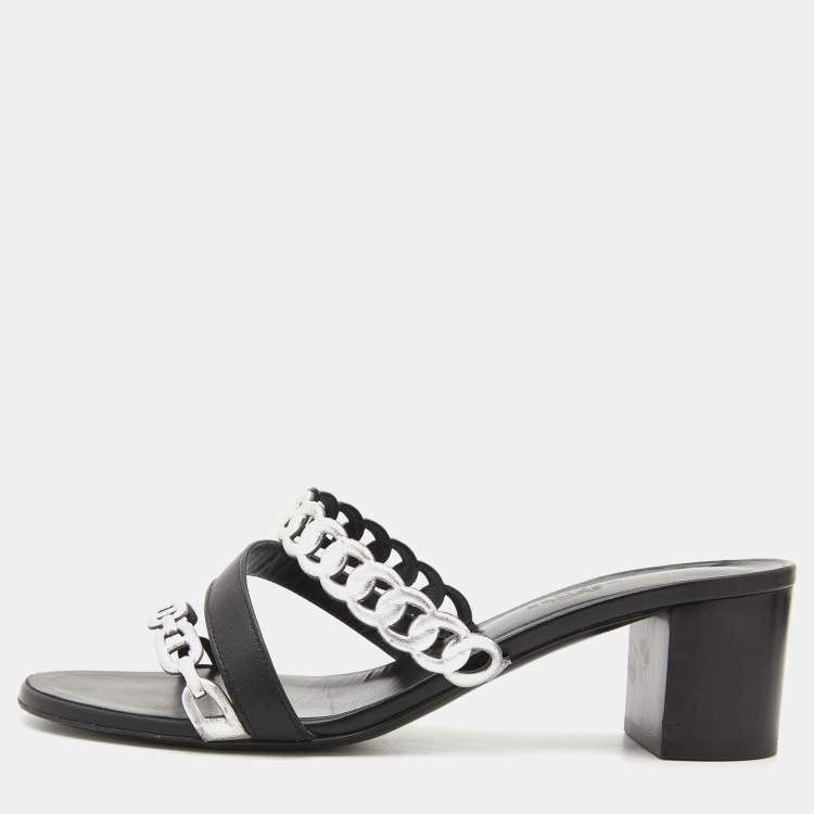 Pre Owned Hermes Black/Silver Leather Ajaccio Block Heel Slide Sandals Size 37