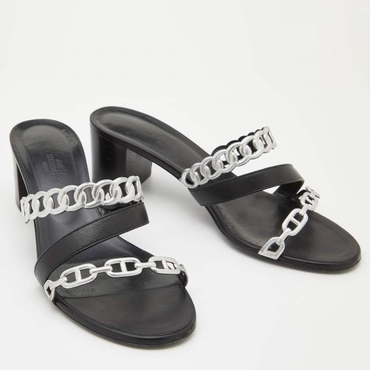 Pre Owned Hermes Black/Silver Leather Ajaccio Block Heel Slide Sandals Size 37