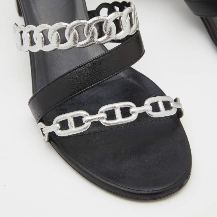 Pre Owned Hermes Black/Silver Leather Ajaccio Block Heel Slide Sandals Size 37
