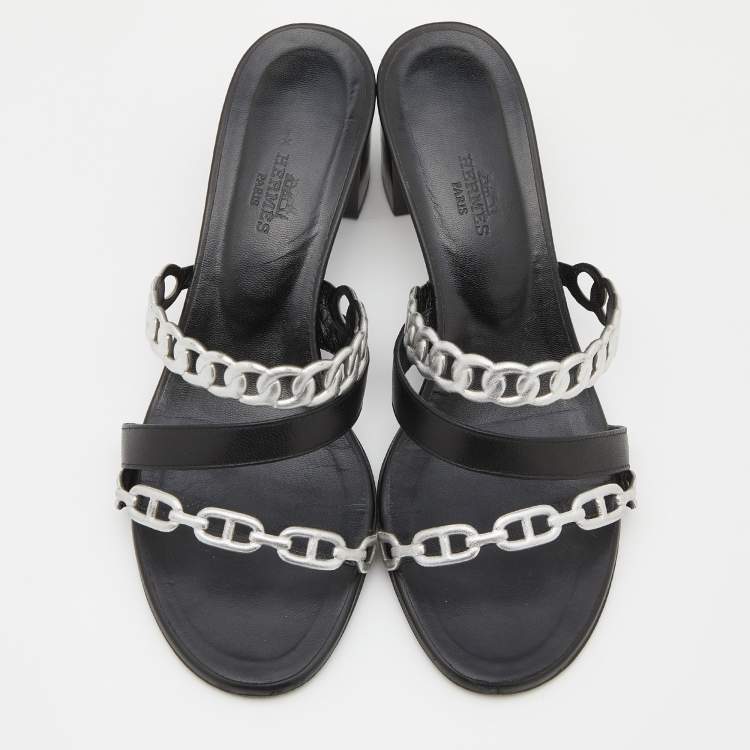 Pre Owned Hermes Black/Silver Leather Ajaccio Block Heel Slide Sandals Size 37
