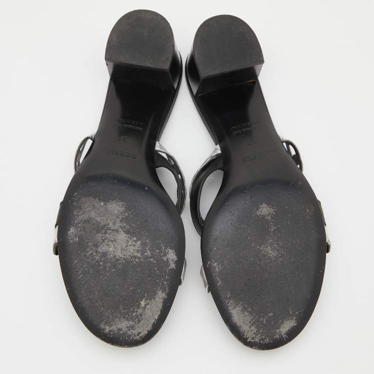 Pre Owned Hermes Black/Silver Leather Ajaccio Block Heel Slide Sandals Size 37