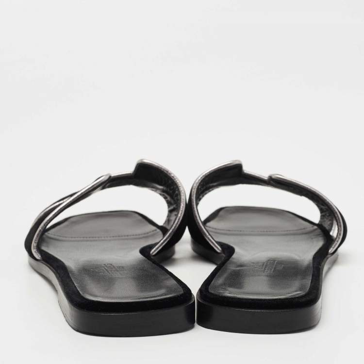 Pre Owned Hermes Black/Silver Velvet and Leather Oran Flat Slides Size 38.5  