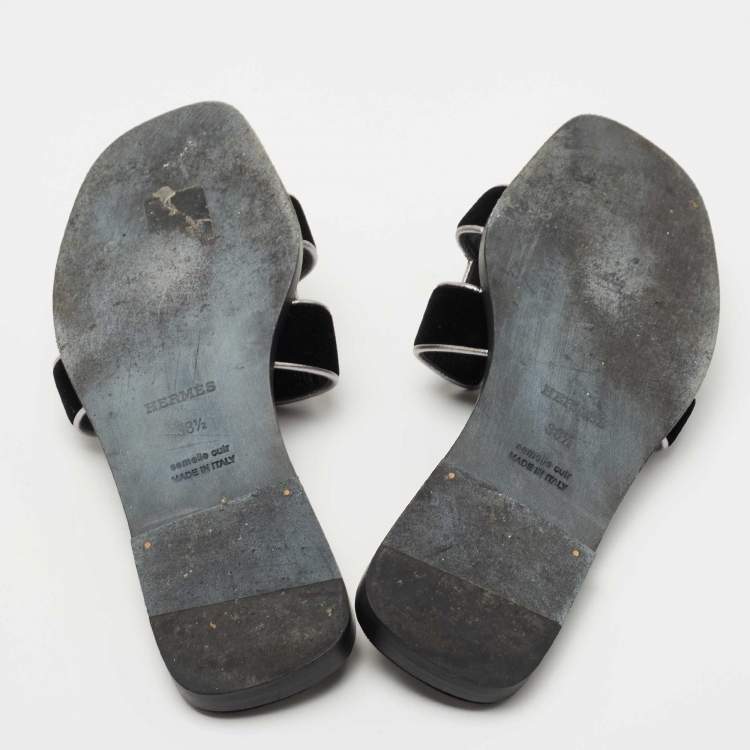 Pre Owned Hermes Black/Silver Velvet and Leather Oran Flat Slides Size 38.5  