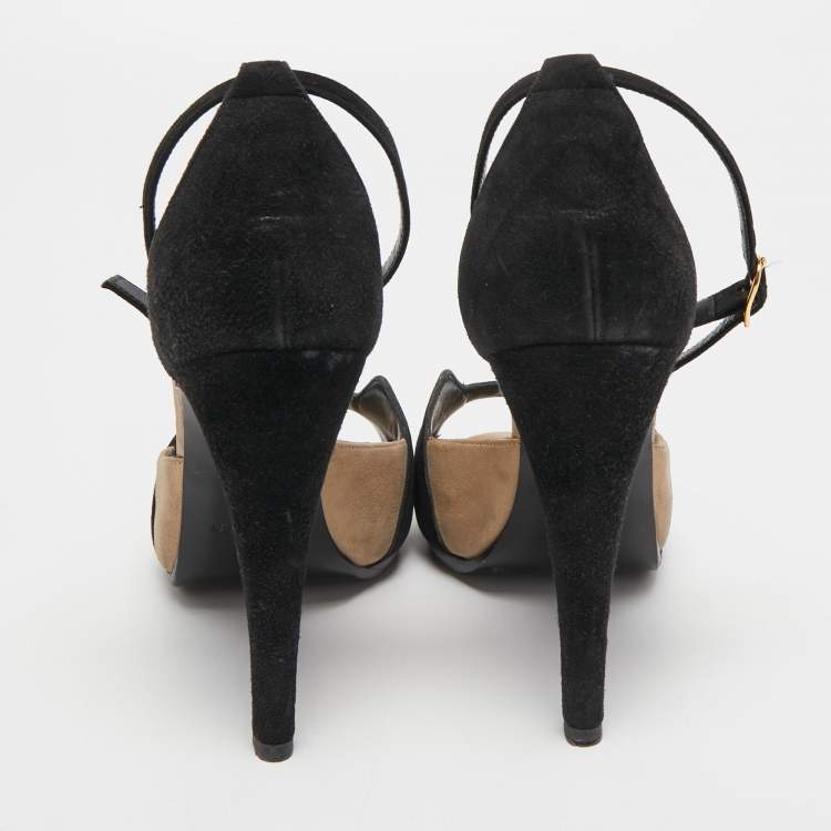 Pre Owned Hermes Black/Beige Suede Platform Premiere Ankle Strap Sandals Size 39