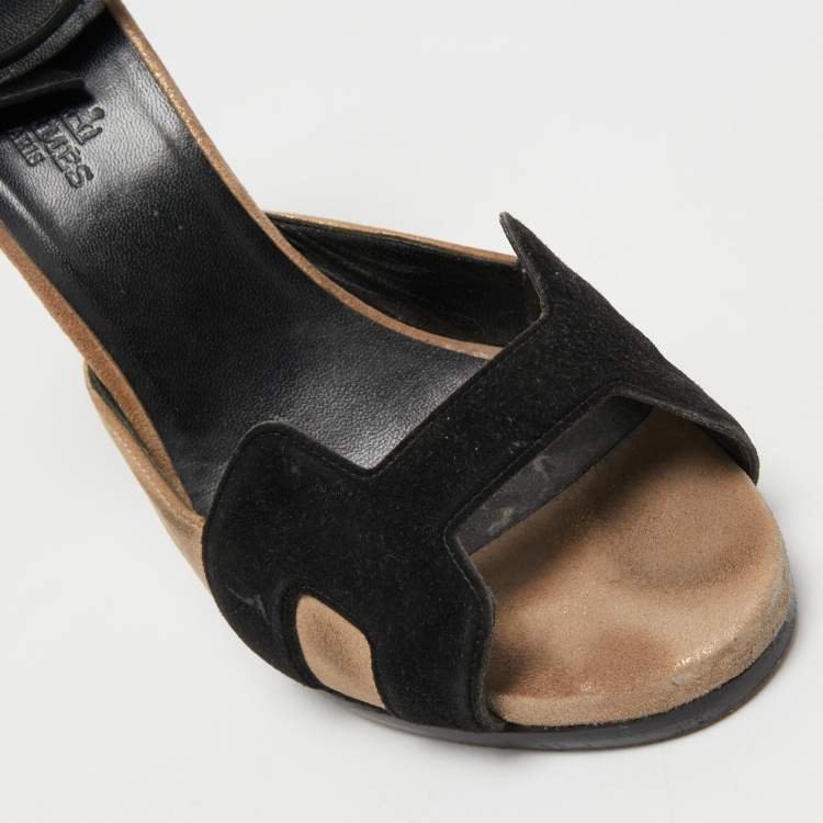 Pre Owned Hermes Black/Beige Suede Platform Premiere Ankle Strap Sandals Size 39