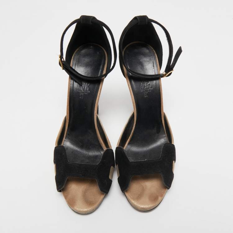 Pre Owned Hermes Black/Beige Suede Platform Premiere Ankle Strap Sandals Size 39