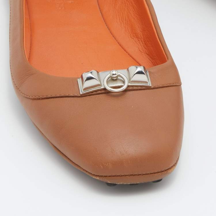Pre Owned Hermes Brown Leather Liberty Ballet Flats Size 37
