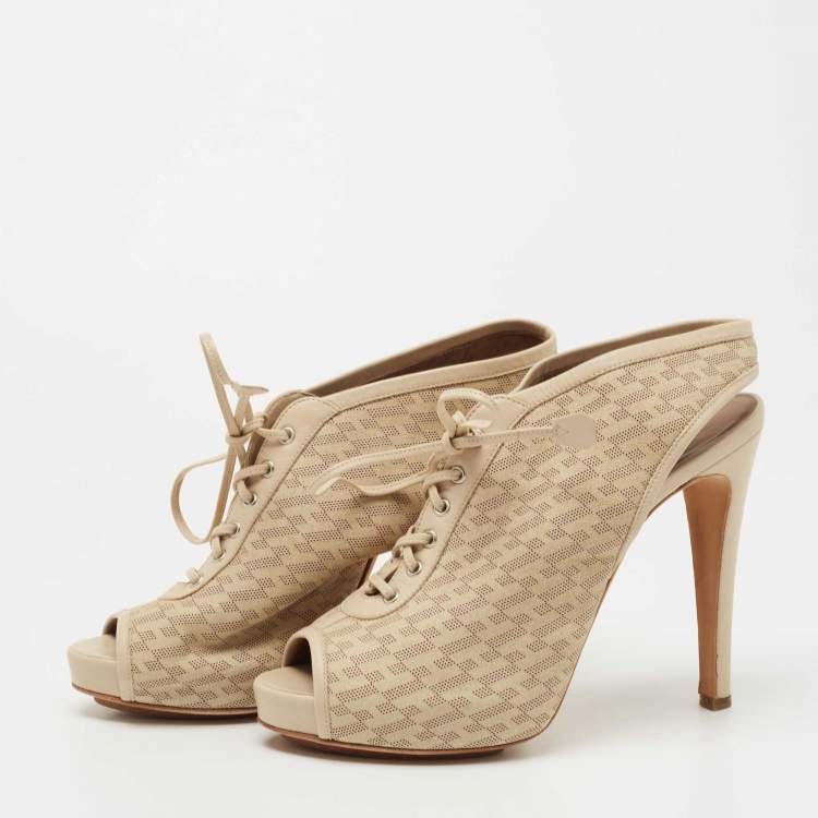 Pre Owned Hermes Beige Perforated Leather Garrigue Peep Toe Booties Size 40