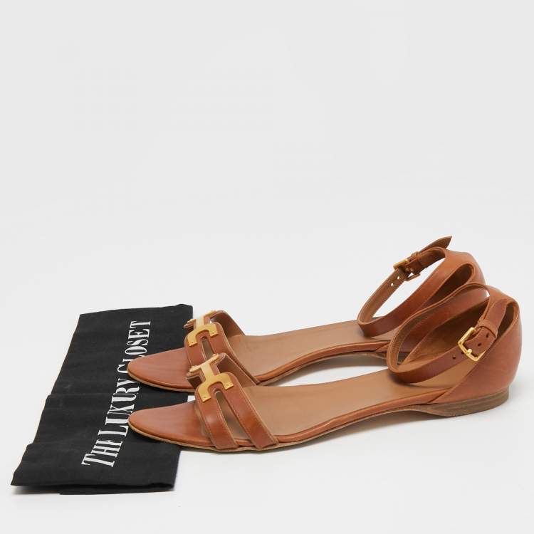 Pre Owned Hermes Brown Leather Premiere Ankle Strap Sandals Size 40
