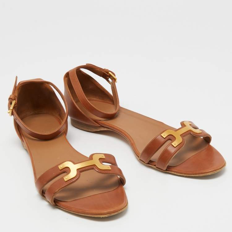 Pre Owned Hermes Brown Leather Premiere Ankle Strap Sandals Size 40