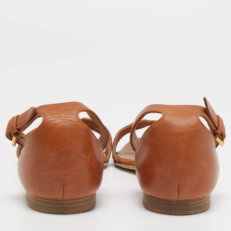 Pre Owned Hermes Brown Leather Premiere Ankle Strap Sandals Size 40