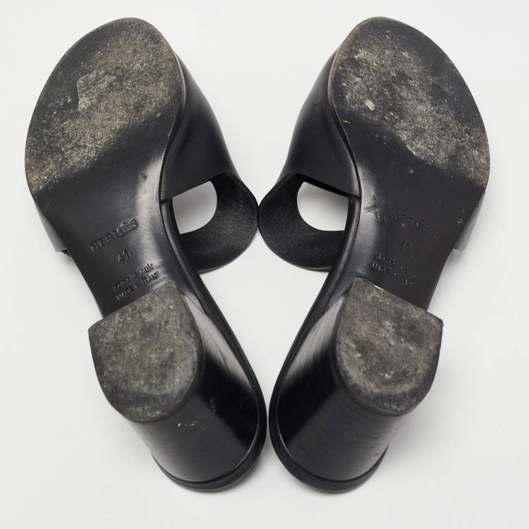 Pre Owned Hermes Black Leather Mona Slide Sandals Size 41