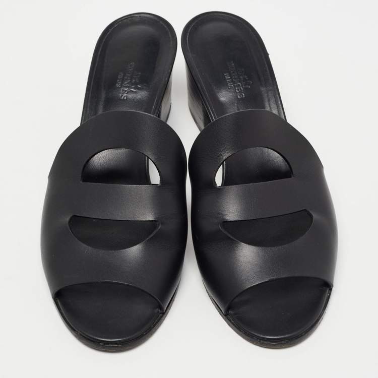 Pre Owned Hermes Black Leather Mona Slide Sandals Size 41