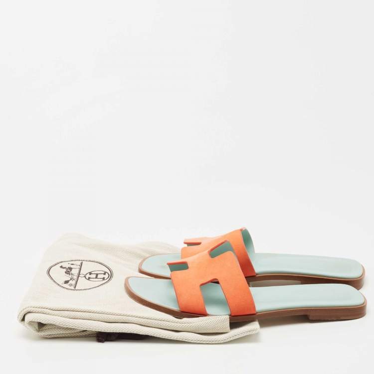 Pre Owned Hermes Coral Orange Nubuck Leather Oran Flat Slides Size 37.5