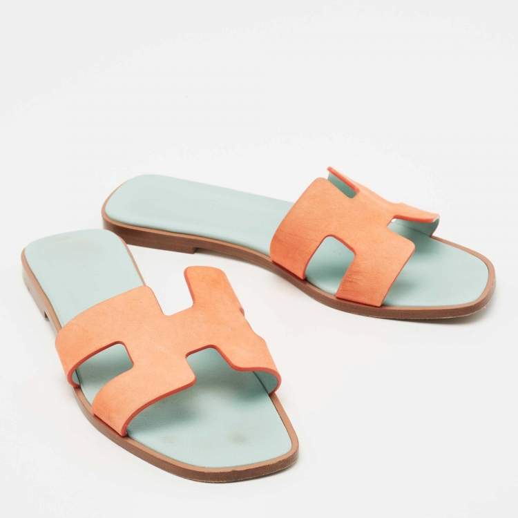 Pre Owned Hermes Coral Orange Nubuck Leather Oran Flat Slides Size 37.5