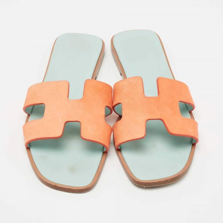 Pre Owned Hermes Coral Orange Nubuck Leather Oran Flat Slides Size 37.5