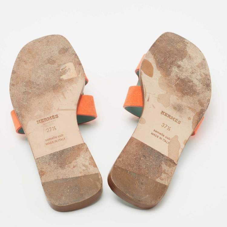 Pre Owned Hermes Coral Orange Nubuck Leather Oran Flat Slides Size 37.5