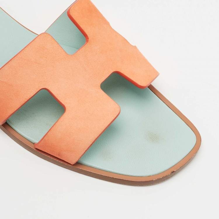Pre Owned Hermes Coral Orange Nubuck Leather Oran Flat Slides Size 37.5