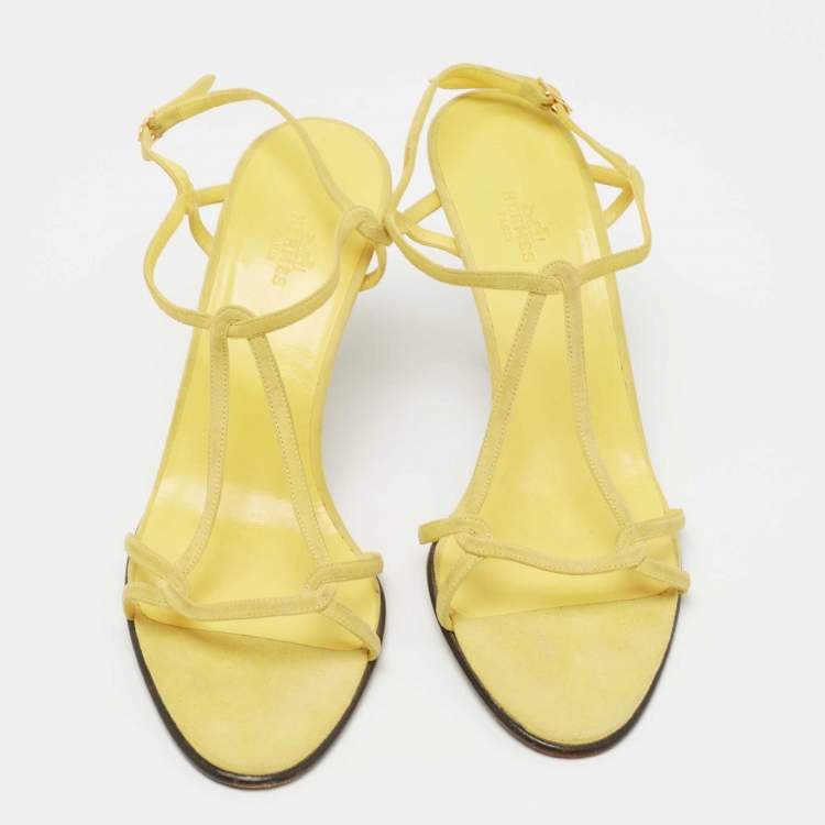 Pre Owned Hermes Yellow Suede Strappy Sandals Size 41