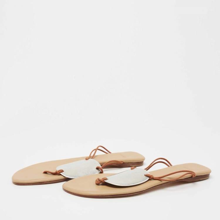 Pre Owned Hermes Brown/Silver Leather Thong Flats Size 41 