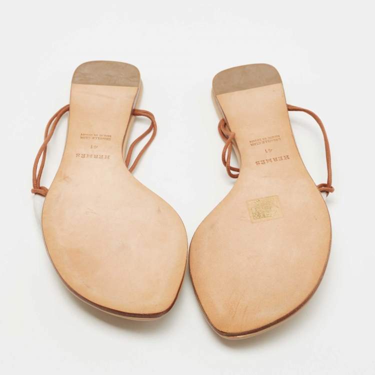 Pre Owned Hermes Brown/Silver Leather Thong Flats Size 41 