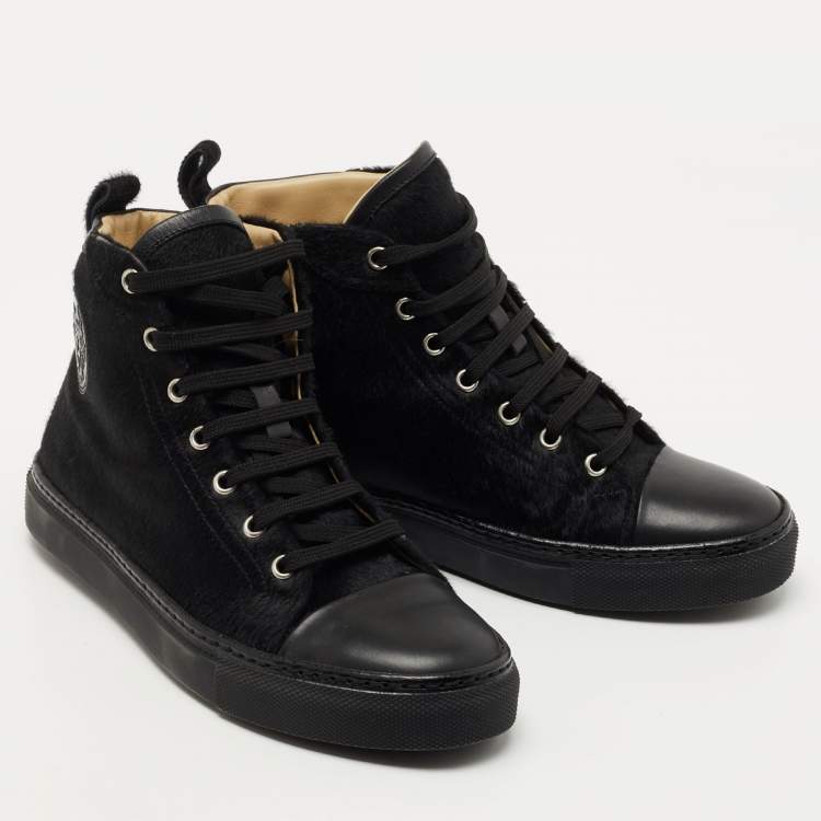 Pre Owned Hermes Black Calf Hair Jimmy Hight Top Sneakers Size 38