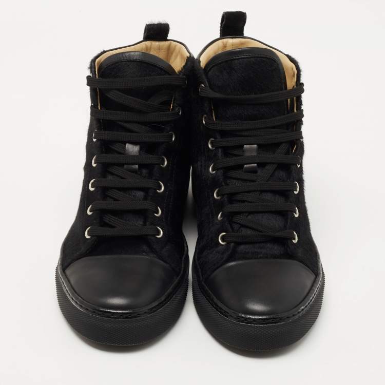 Pre Owned Hermes Black Calf Hair Jimmy Hight Top Sneakers Size 38