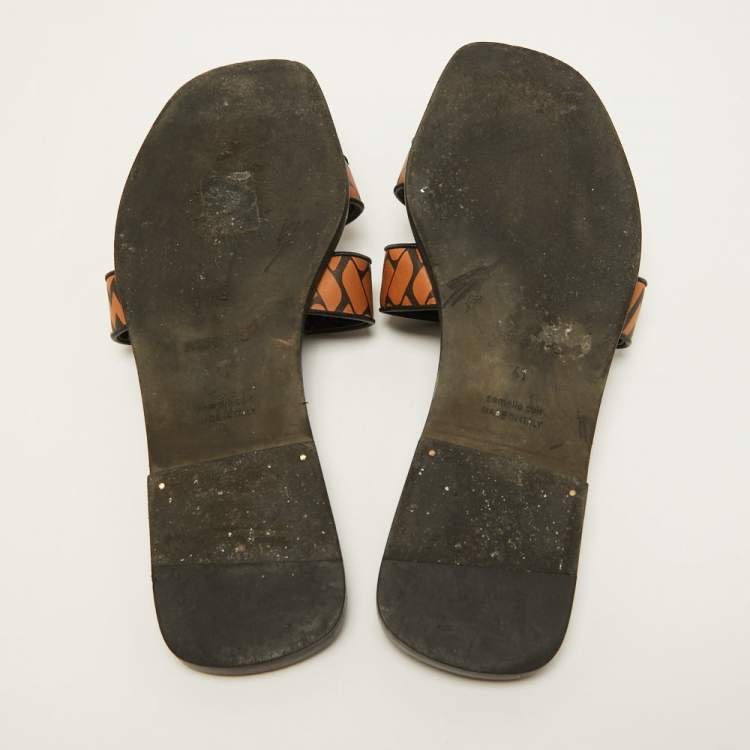 Pre Owned Hermes Brown/Black Leather Oran Flat Slides Size 41