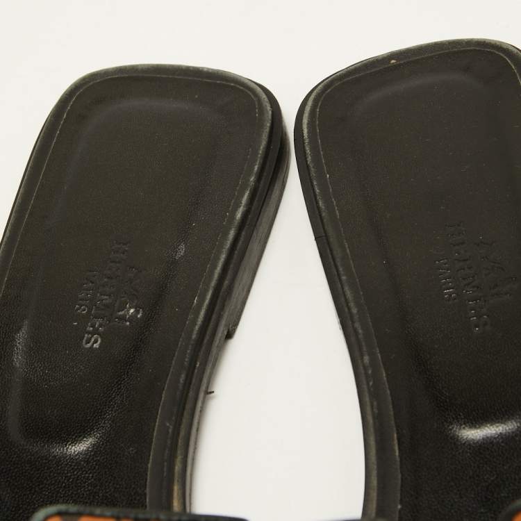 Pre Owned Hermes Brown/Black Leather Oran Flat Slides Size 41
