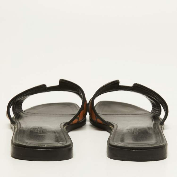 Pre Owned Hermes Brown/Black Leather Oran Flat Slides Size 41