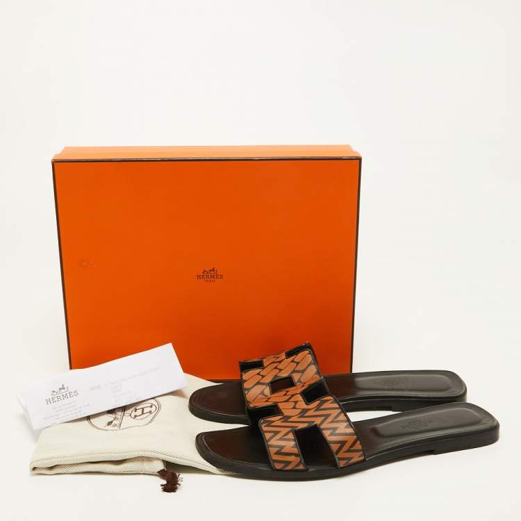 Pre Owned Hermes Brown/Black Leather Oran Flat Slides Size 41