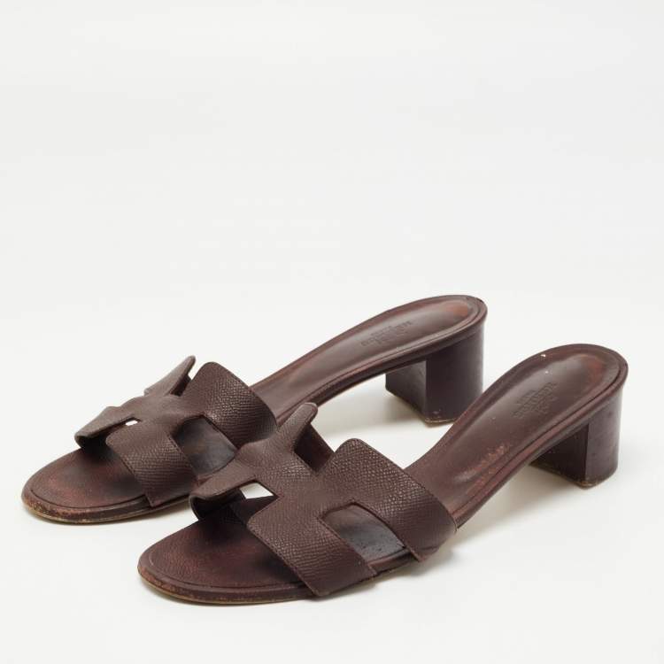 Pre Owned Hermes Burgundy Leather Oasis Slide Sandals Size 41