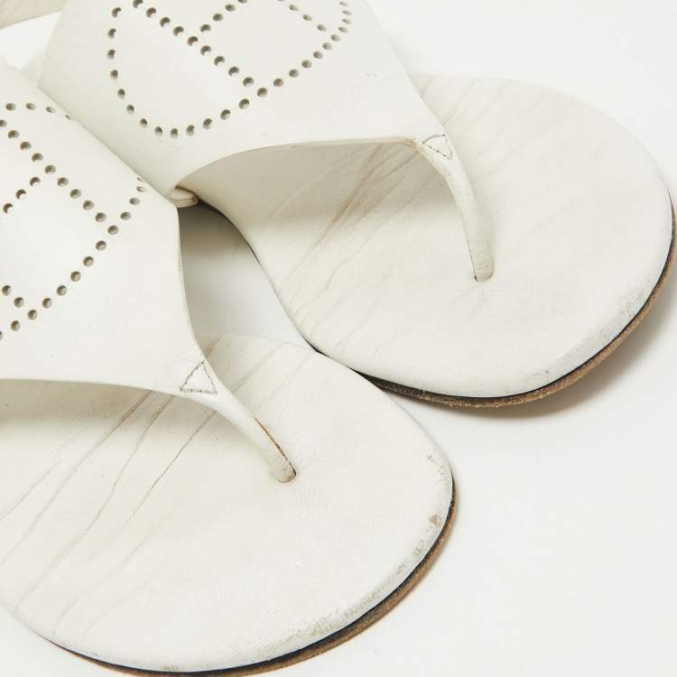 Pre Owned Hermes White Leather Kola Slingback Flat Slides Size 37.5