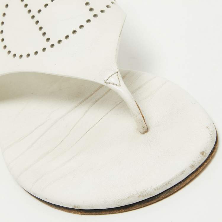 Pre Owned Hermes White Leather Kola Slingback Flat Slides Size 37.5