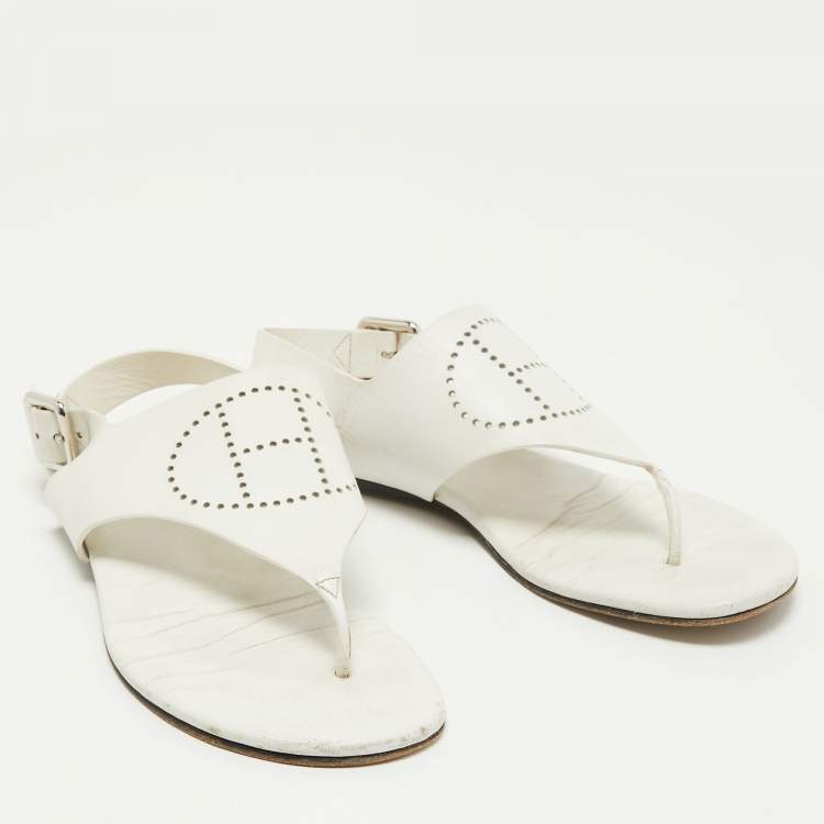 Pre Owned Hermes White Leather Kola Slingback Flat Slides Size 37.5