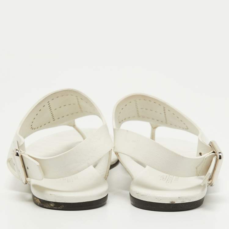 Pre Owned Hermes White Leather Kola Slingback Flat Slides Size 37.5
