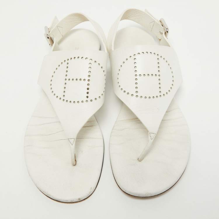 Pre Owned Hermes White Leather Kola Slingback Flat Slides Size 37.5